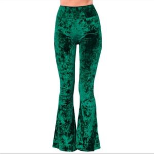 Green crushed velvet bell bottom pants